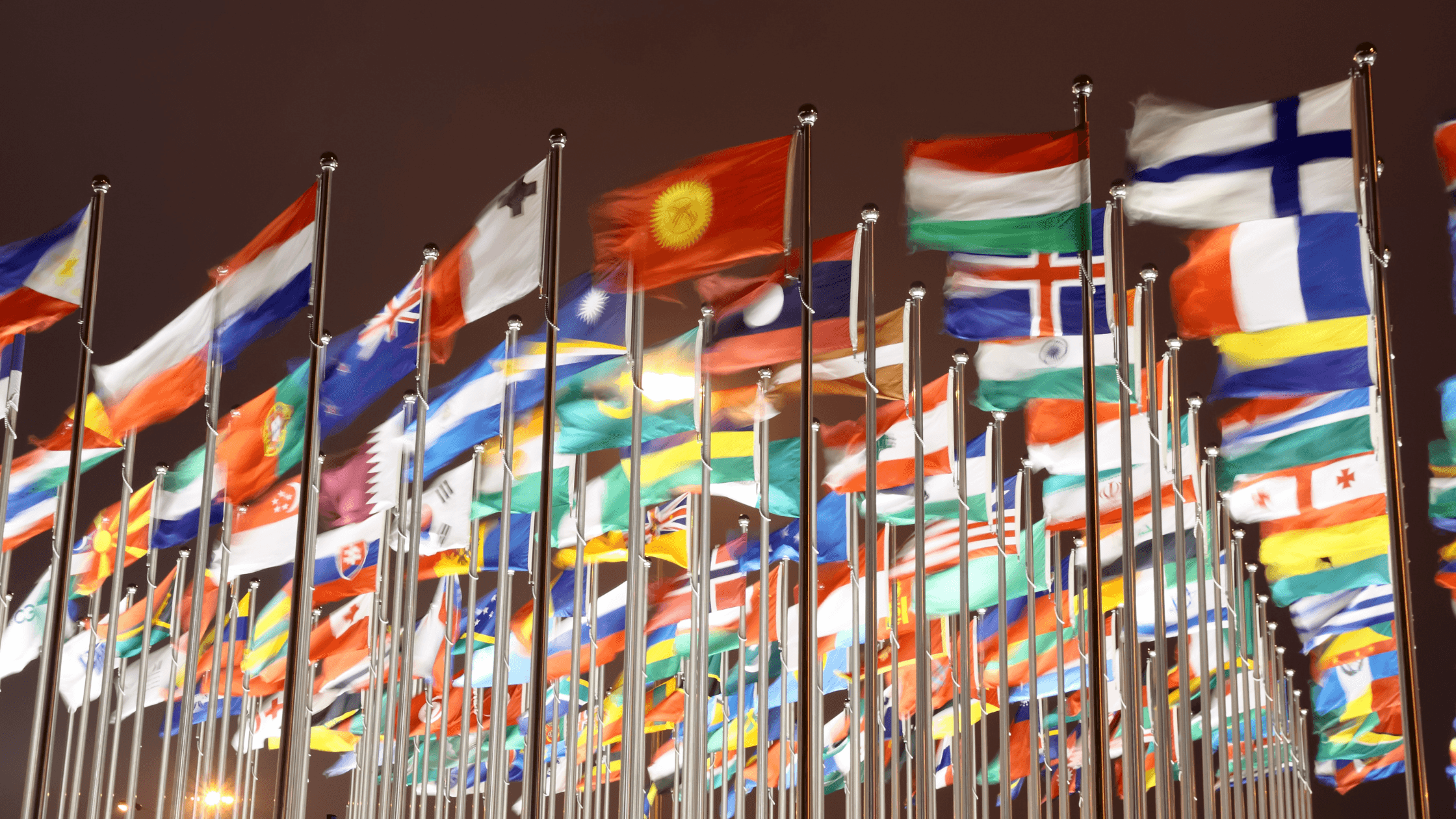 A colorful display of various national flags waving on flagpoles against a night sky, representing international unity and diversity.